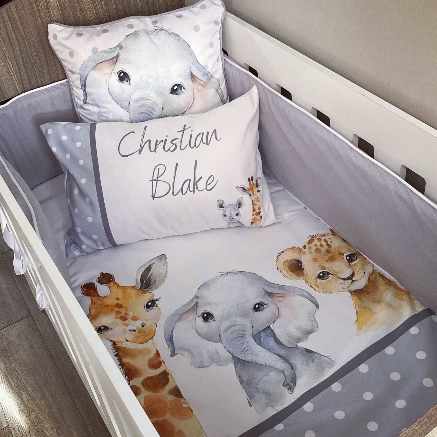 Cot Bedding - Grey Polka Safari Set 01