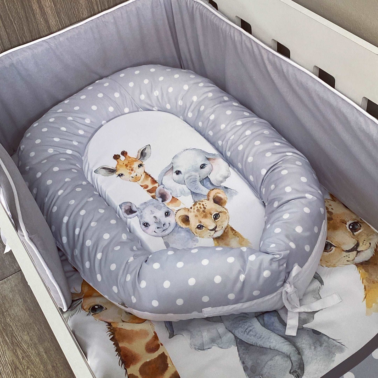 Cot Bedding - Grey Polka Safari Set 01