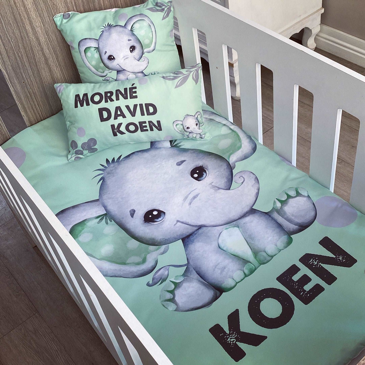 Cot Bedding - Green Grey Elephant Set 01
