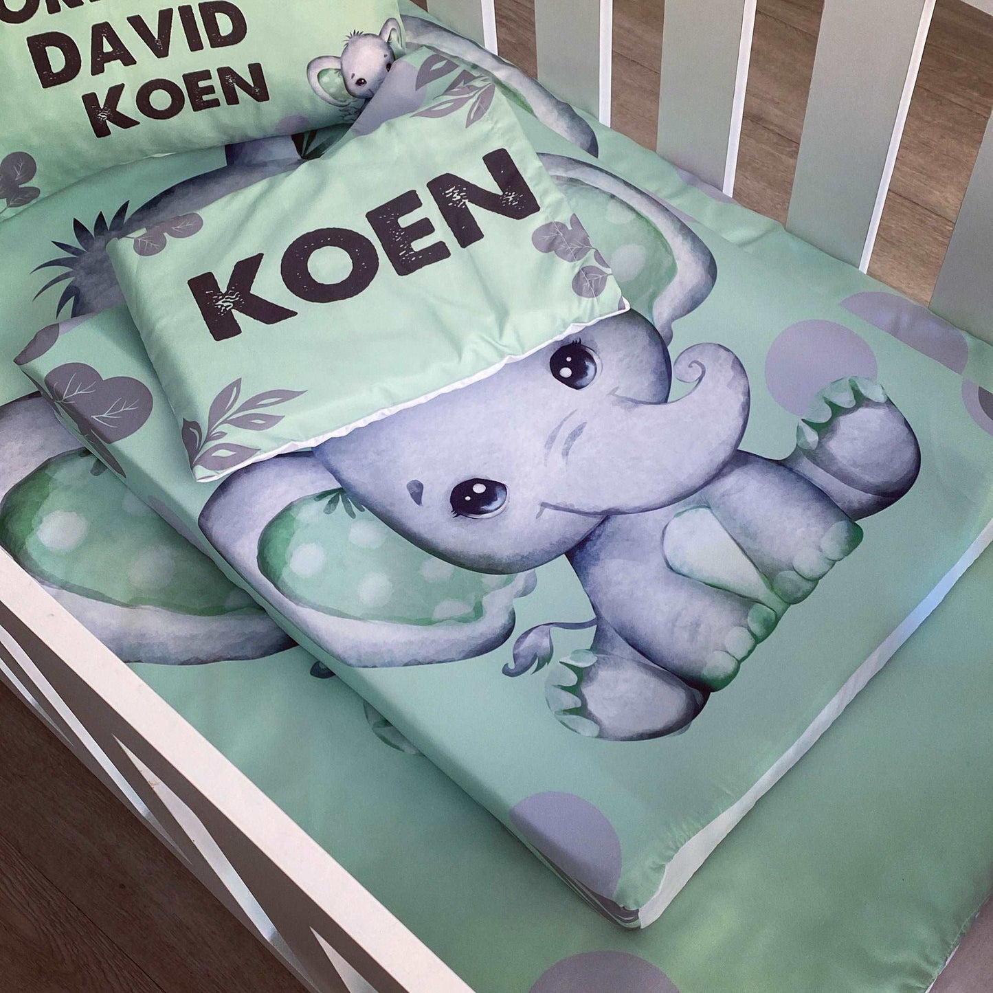 Cot Bedding - Green Grey Elephant Set 01