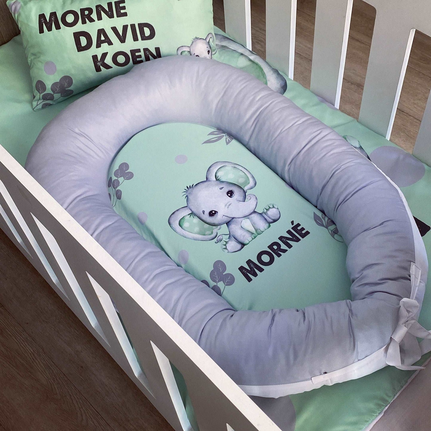 Cot Bedding - Green Grey Elephant Set 01