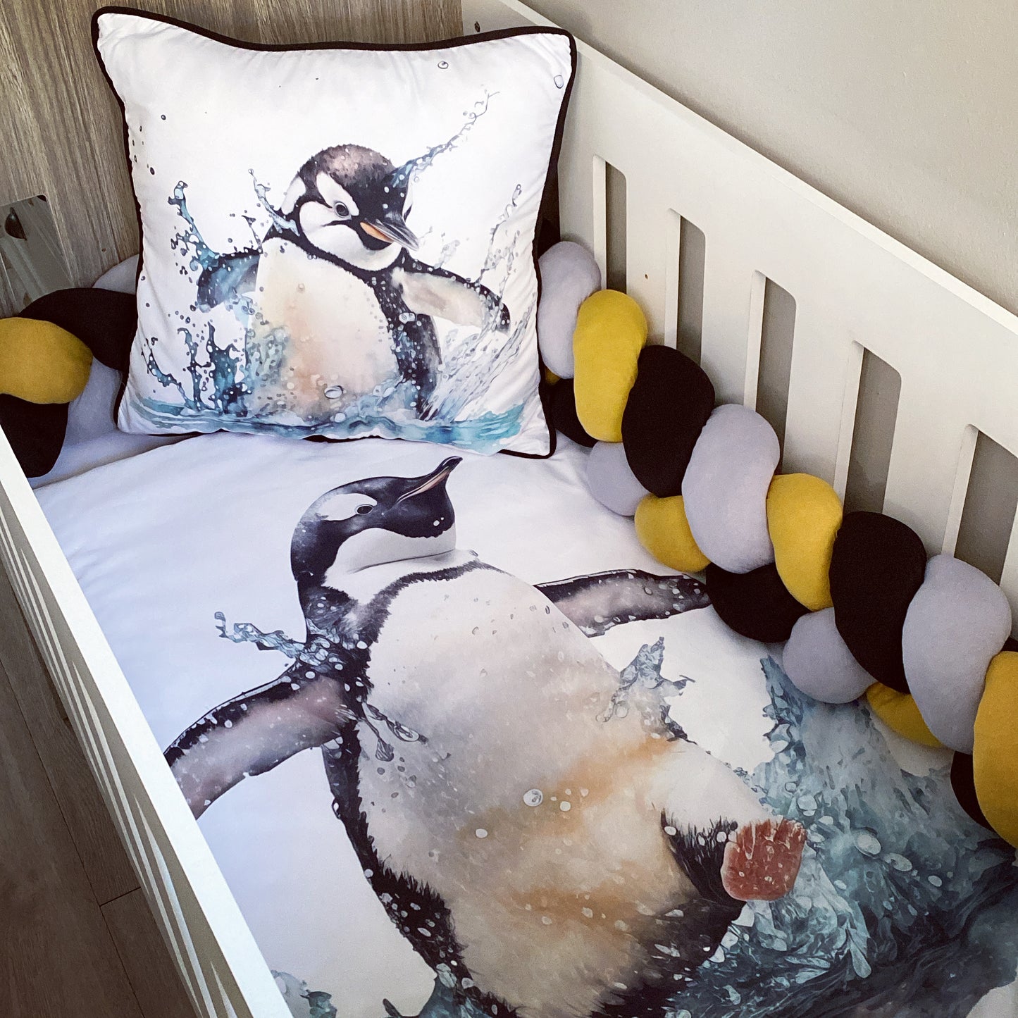 Cot Bedding - Black Yellow Penguin Set 01