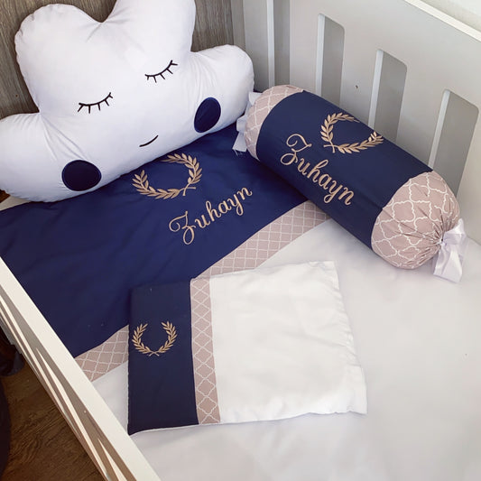 Cot Bedding - Wreath Embroidered Navy Set 01