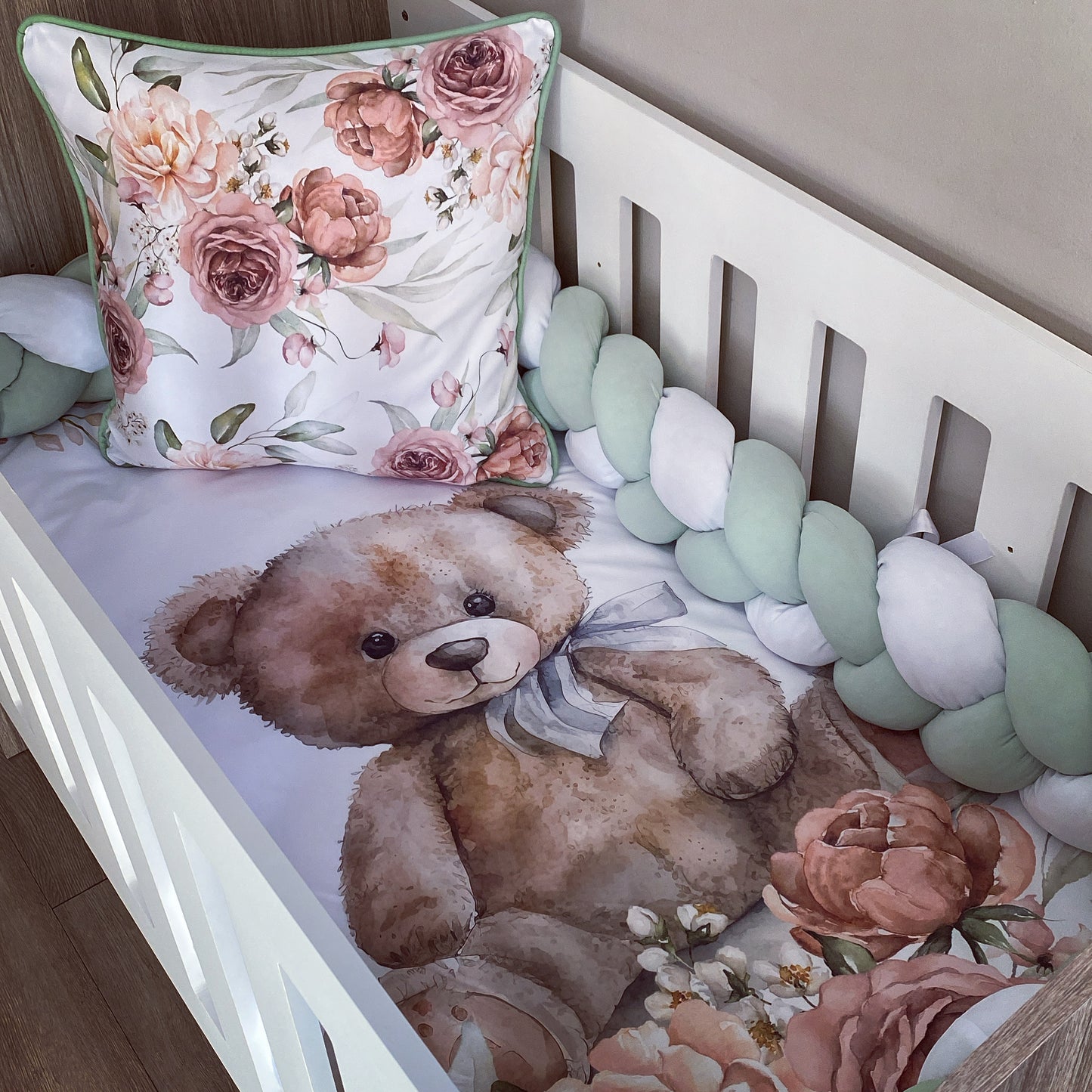 Cot Bedding - Sage Floral Bear Set 02