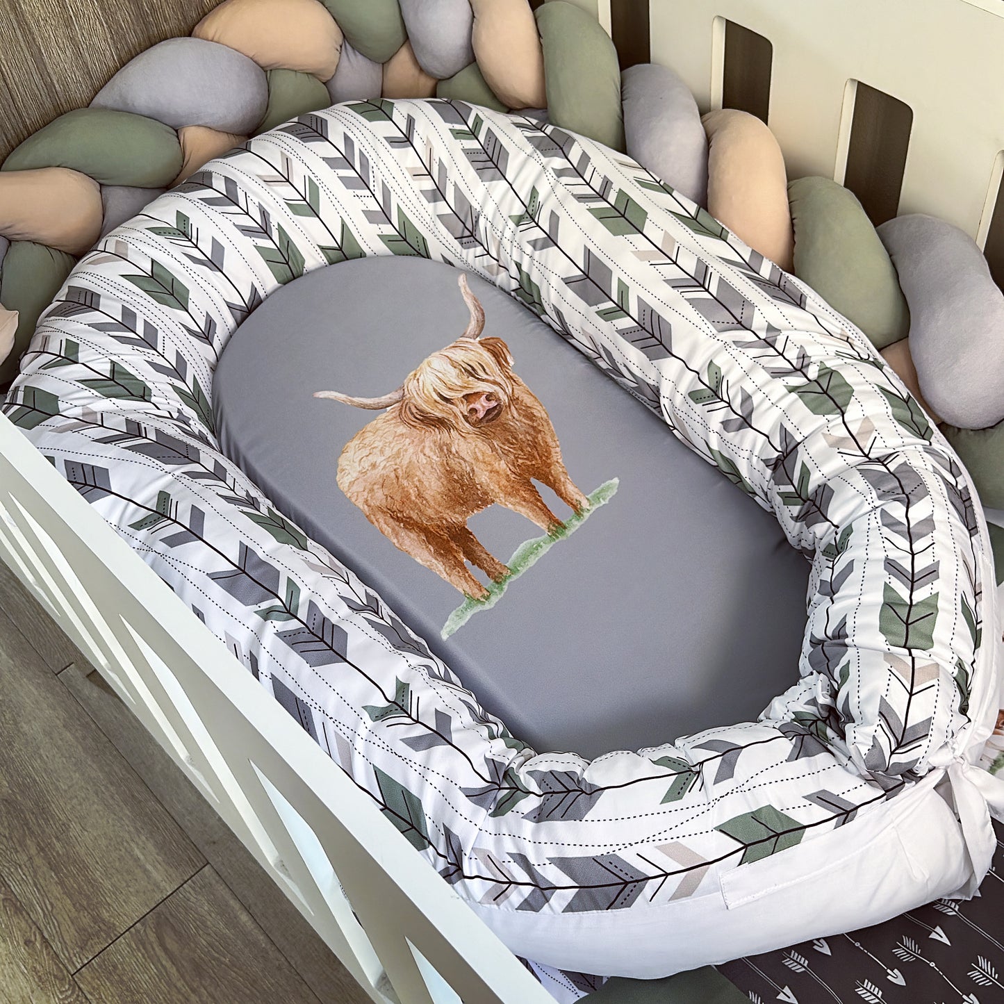 Cot Bedding - Sage Highland Cow Set 03