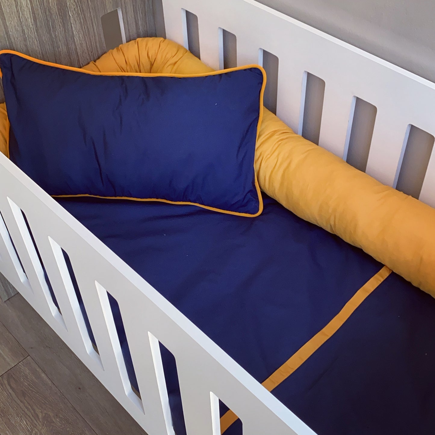 Cot Bedding - Blue and Mustard Set 01