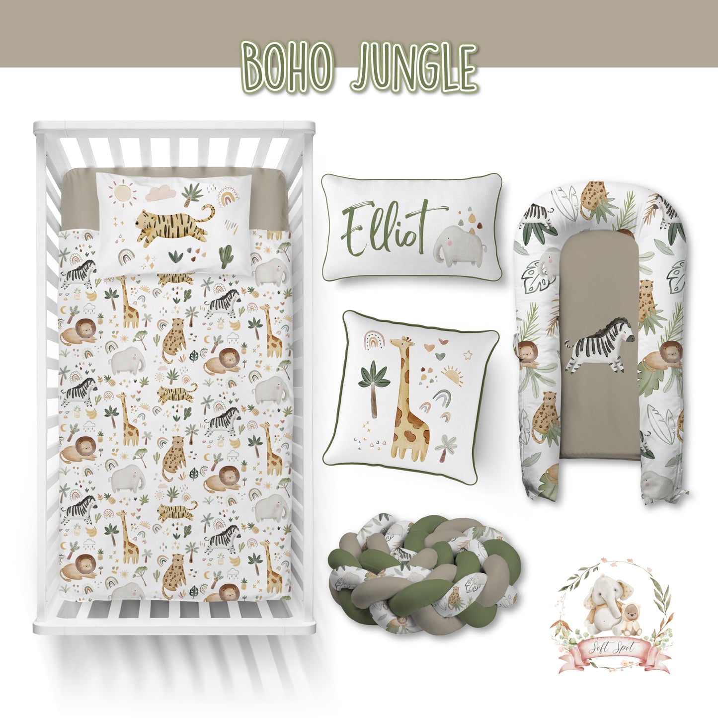 Cot Bedding - Sage Safari Set 09