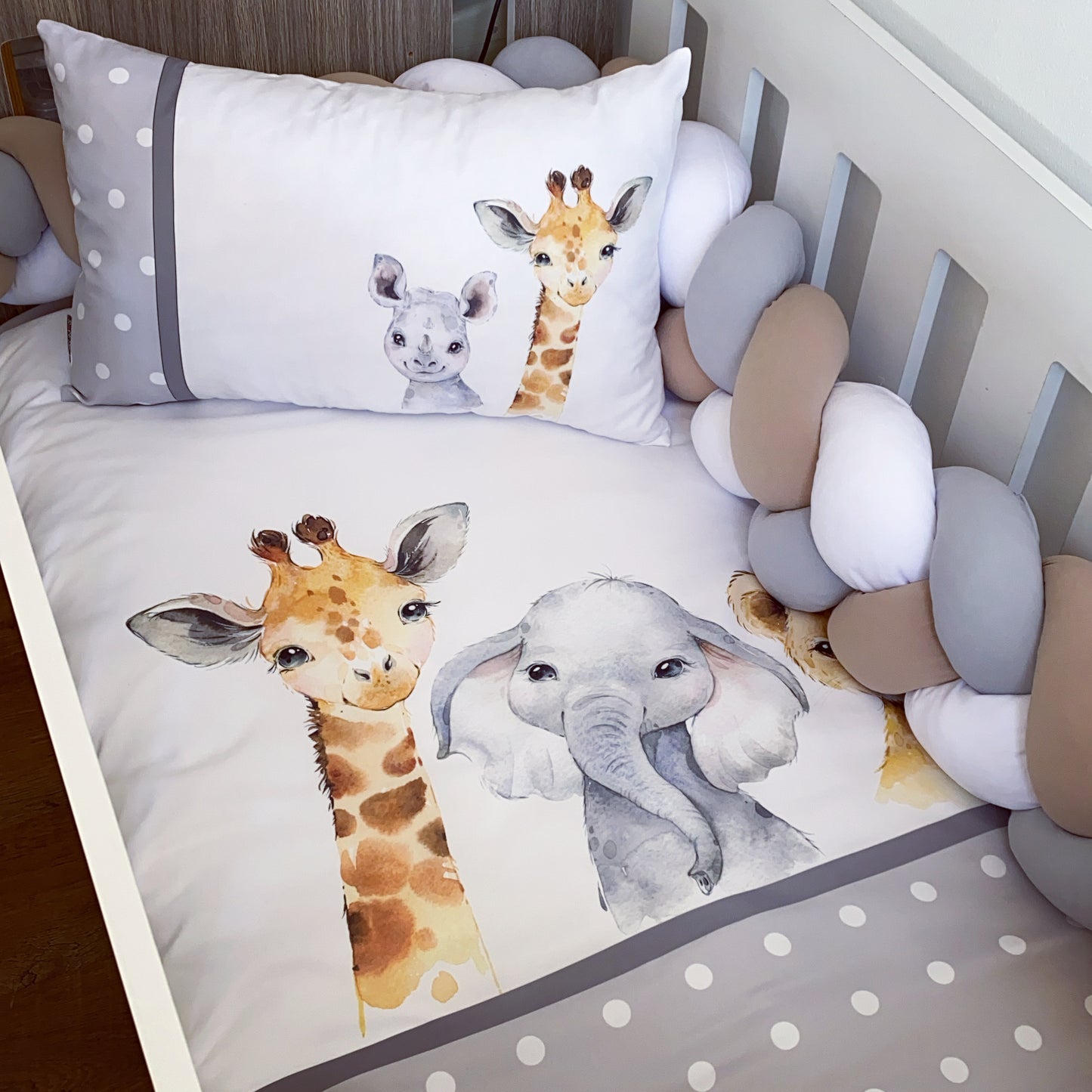 Cot Bedding - Grey Polka Safari Set 04