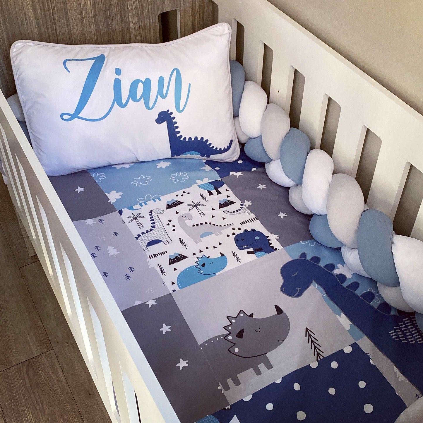 Cot Bedding - Blue Grey Dinosaur Set