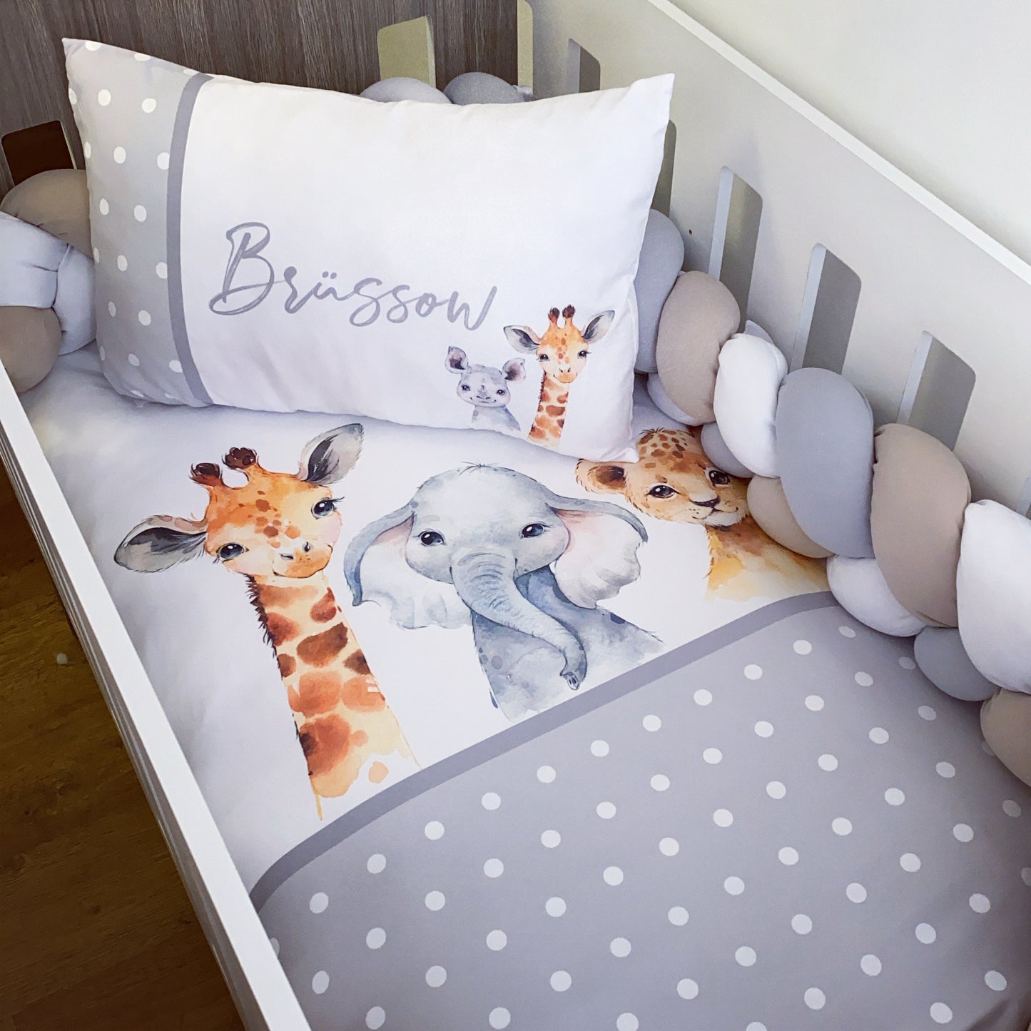 Cot Bedding - Grey Polka Safari Set 04