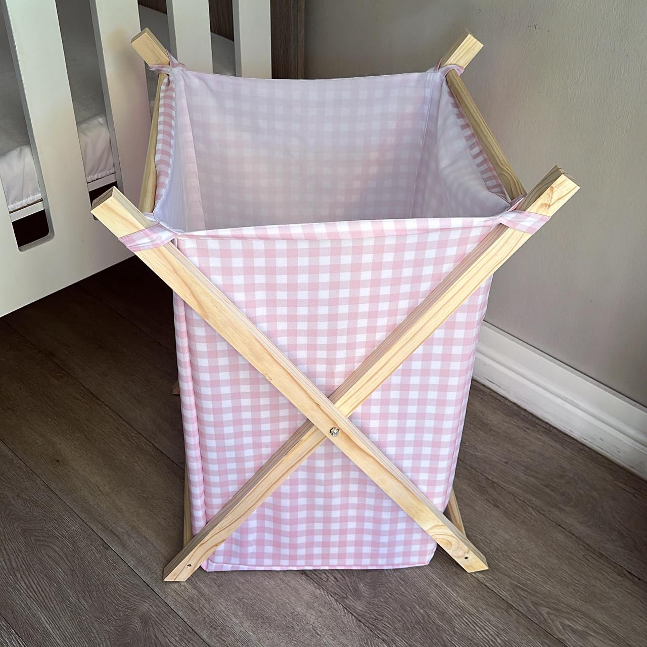 Wooden Laundry Baskets - Pink Check 01 with a charming pink checkered design, perfect for organizing kids' items.