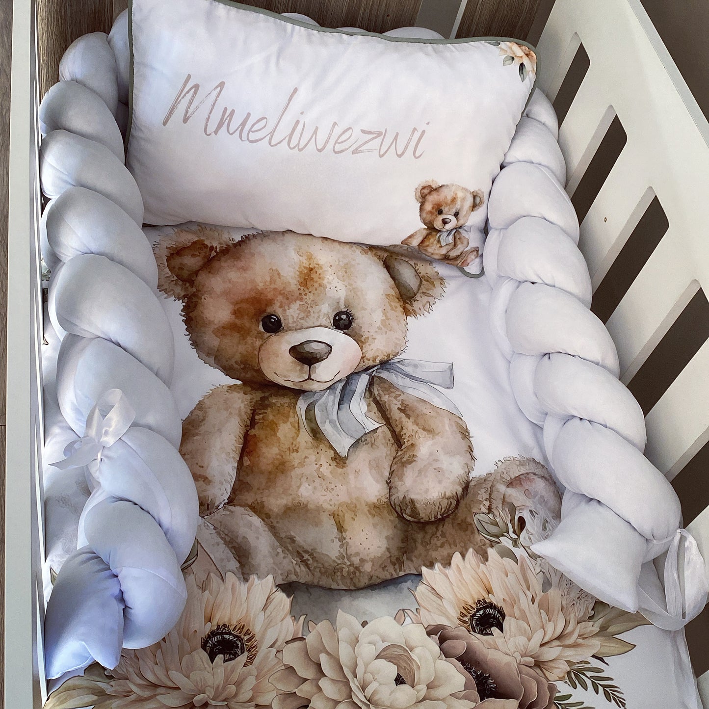 Cot Bedding - Sage Floral Bear Set 01