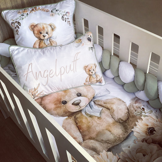 Cot Bedding - Sage Floral Bear Set 01