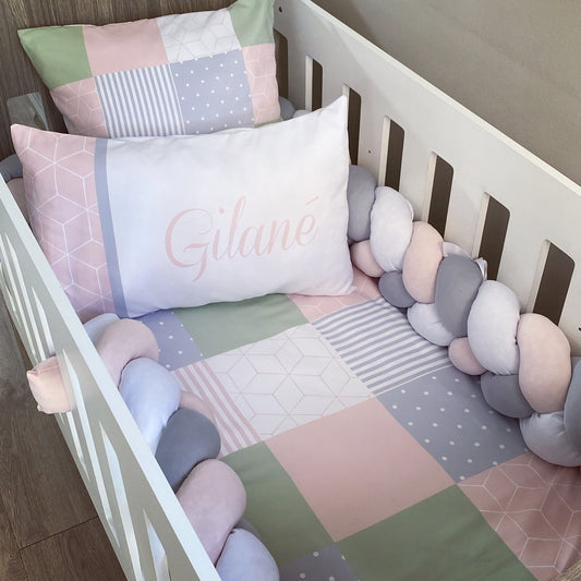 Cot Bedding - Pink Grey Geo Set 01