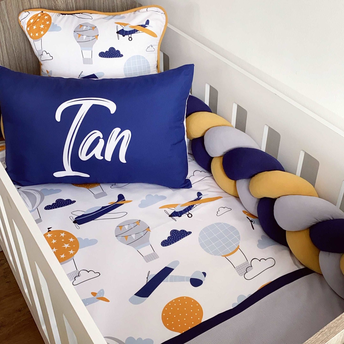 Cot Bedding - Navy Mustard Plane Set