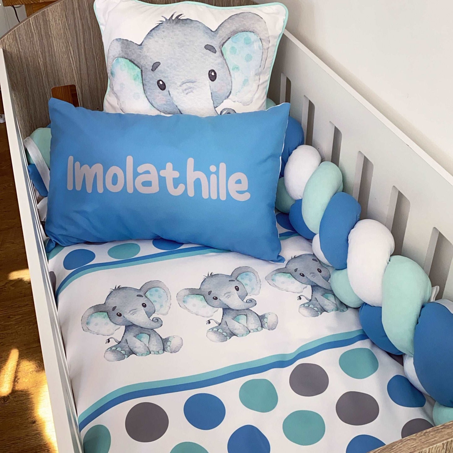 Cot Bedding - Blue Mint Elephant Set