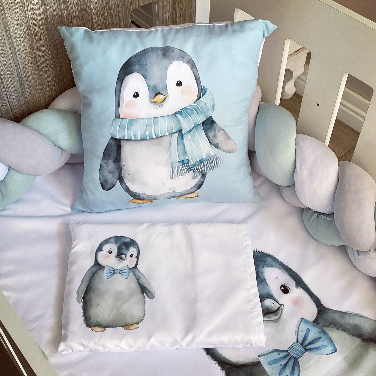 Cot Bedding - Duck Egg Penguin Set