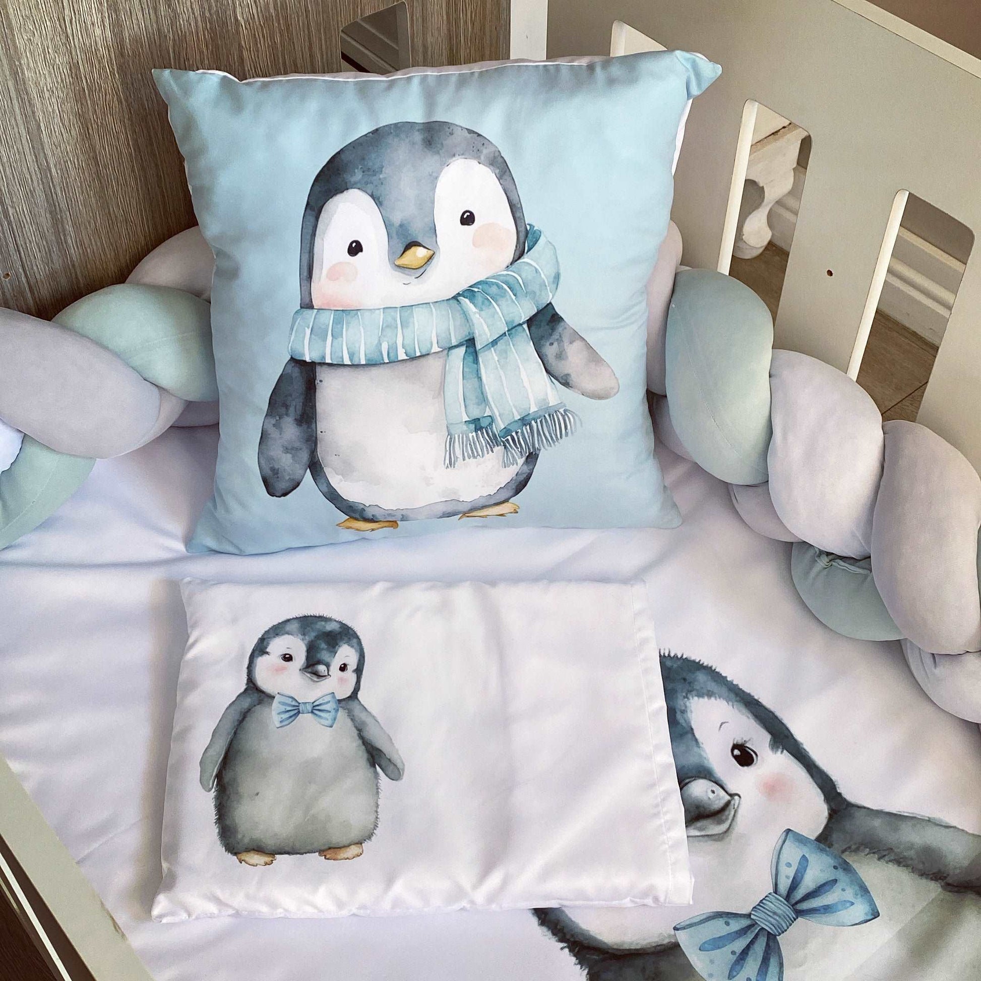 Cot Bedding - Duck Egg Penguin Set