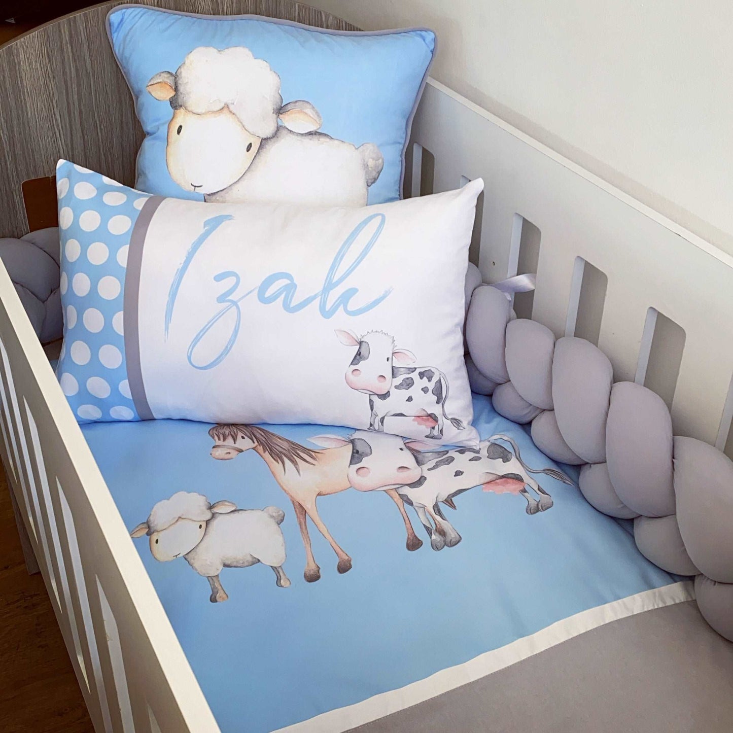 Cot Bedding - Grey Blue Farm Set