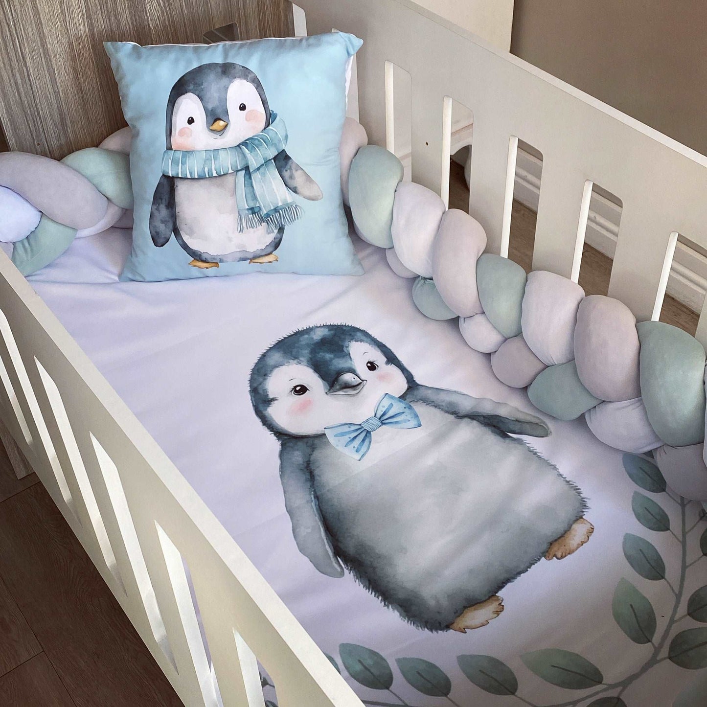 Cot Bedding - Duck Egg Penguin Set