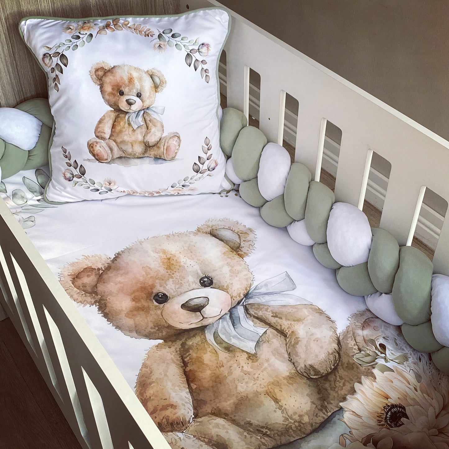Cot Bedding - Sage Floral Bear Set 01