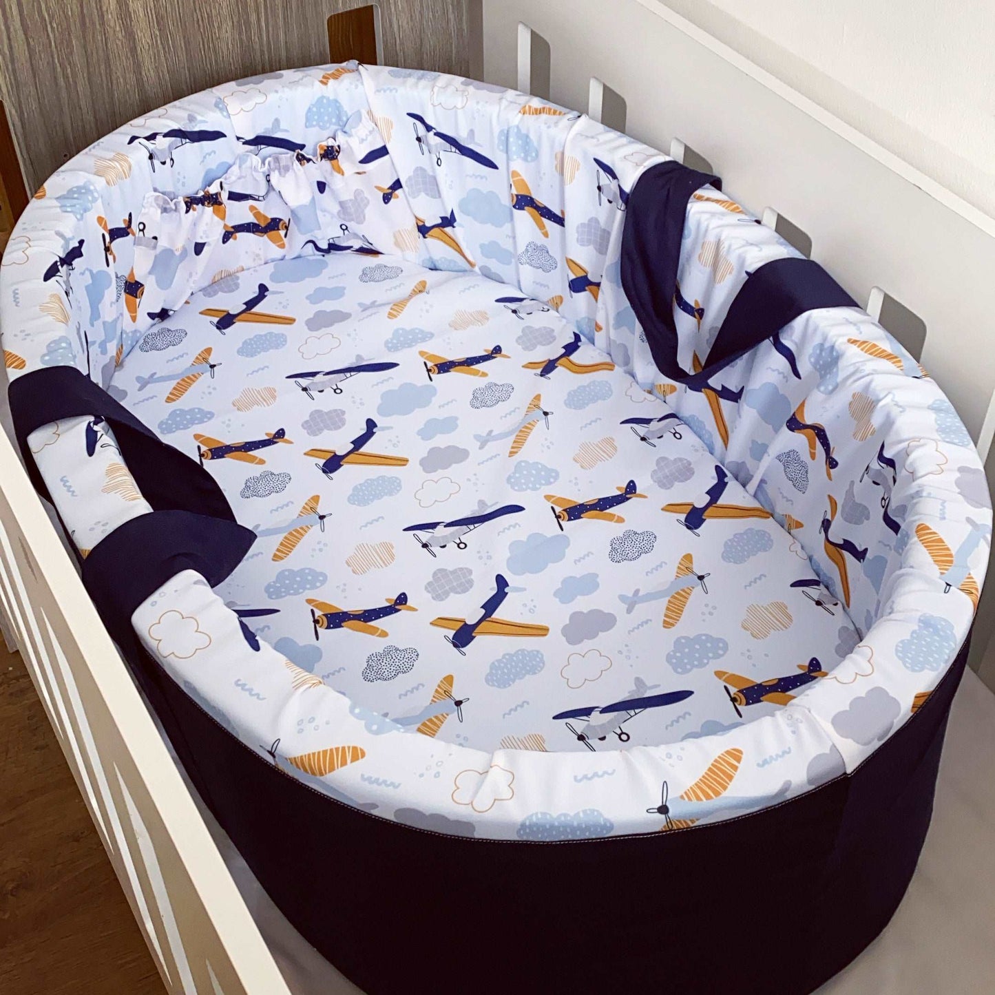 Cot Bedding - Navy Mustard Plane Set