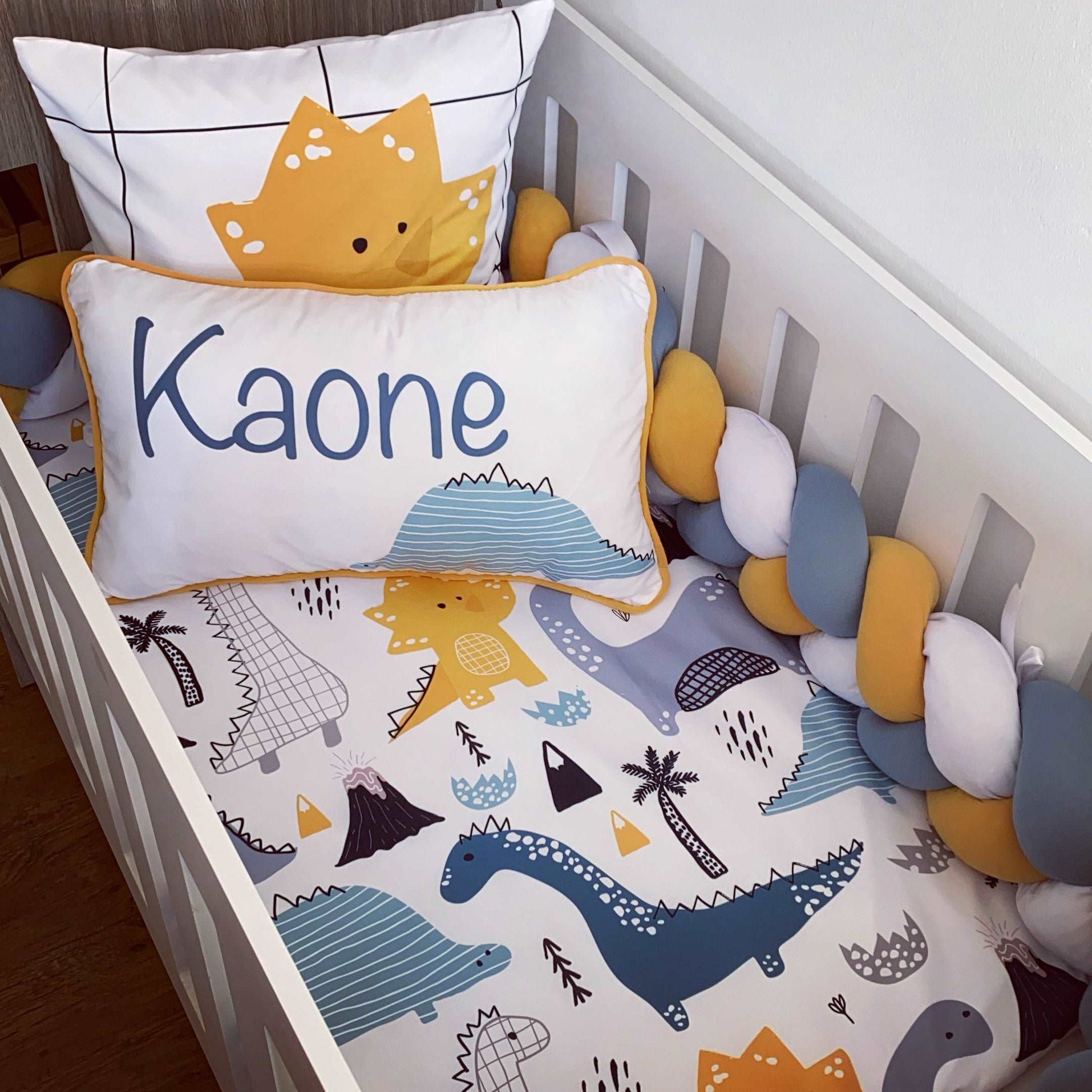 Cot Bedding - Blue Mustard Dinosaur Set