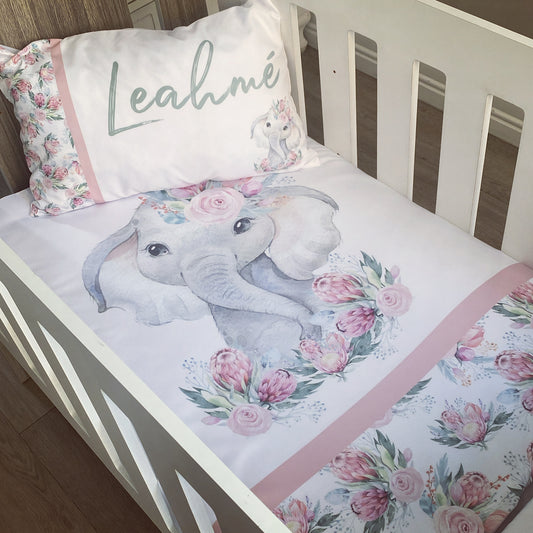 Cot Bedding - Pink Flower Elephant Set 02