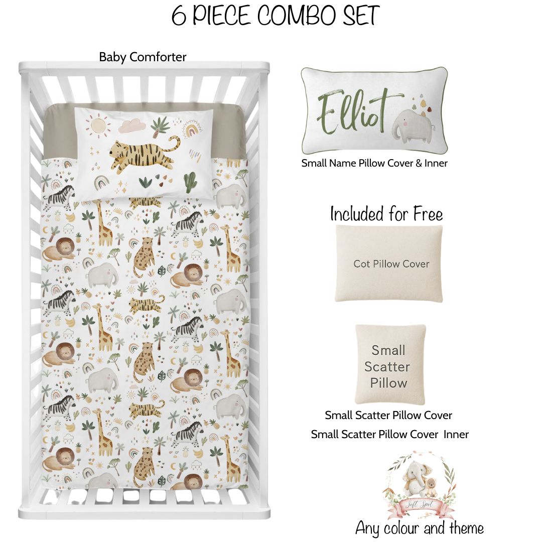 Baby comforter set with pillows featuring animal patterns on a white background.