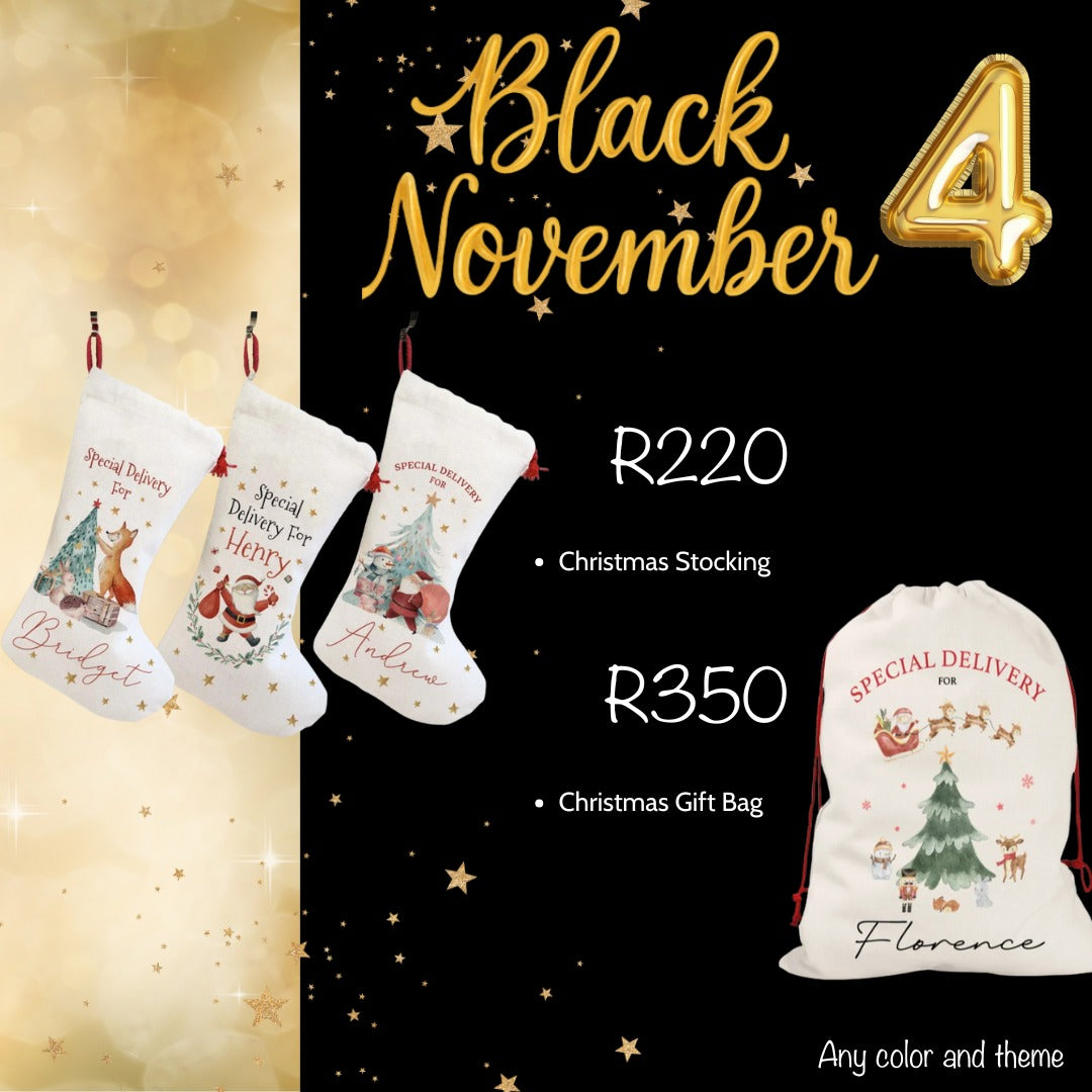 Christmas stockings and gift bag with 'Black November' text and pricing.