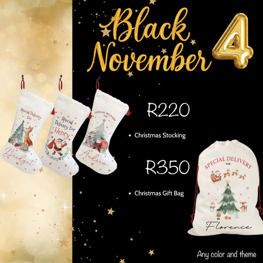 Christmas stockings and gift bag with 'Black November' text and pricing.