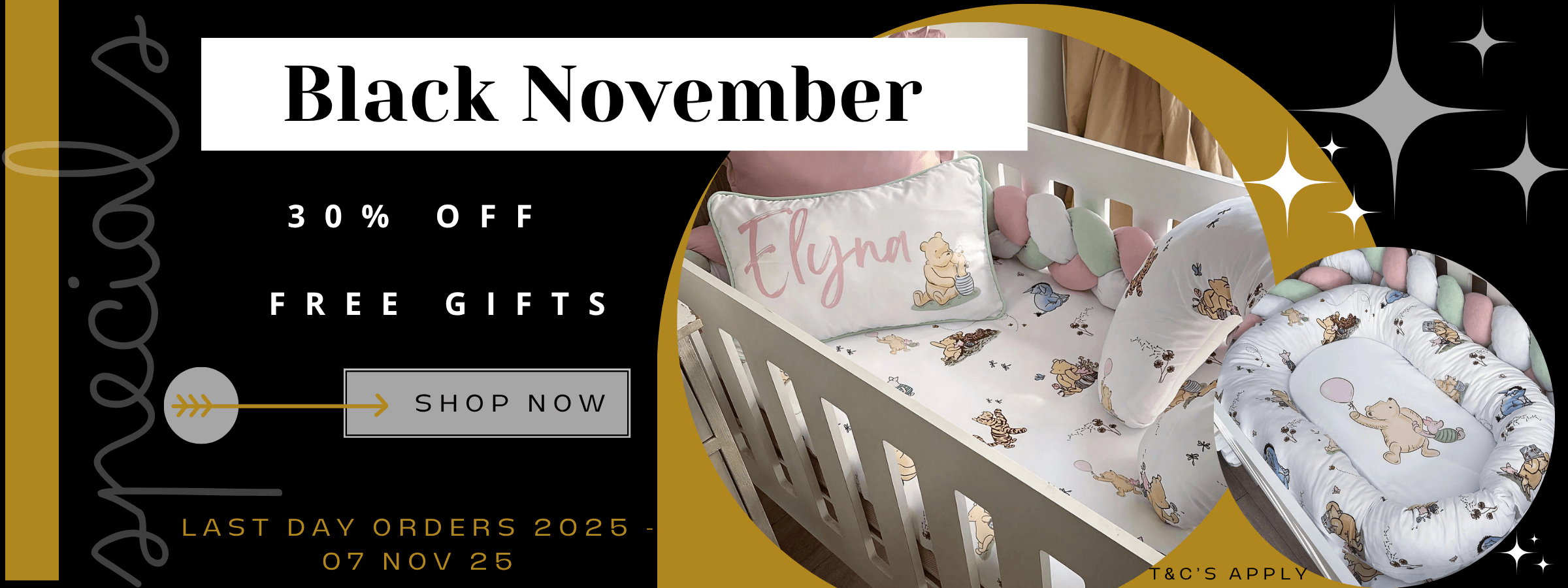 Promotional banner for 'Black November' sale with crib and baby items, featuring text about discounts and free gifts.