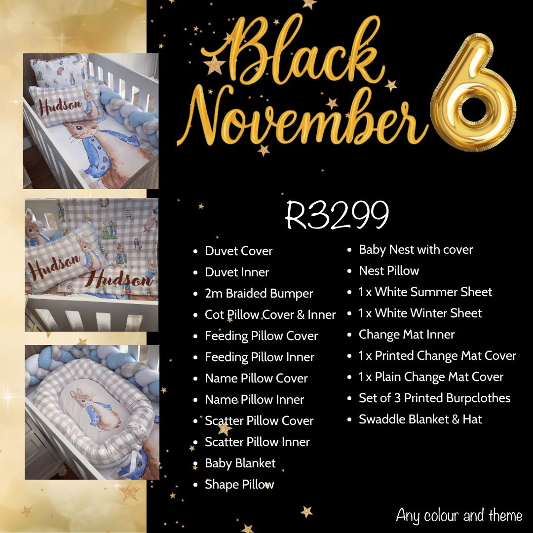Baby bedding set with 'Black November' promotional text and pricing on a black background.