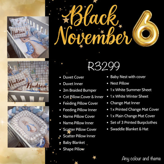 Baby bedding set with 'Black November' promotional text and pricing on a black background.