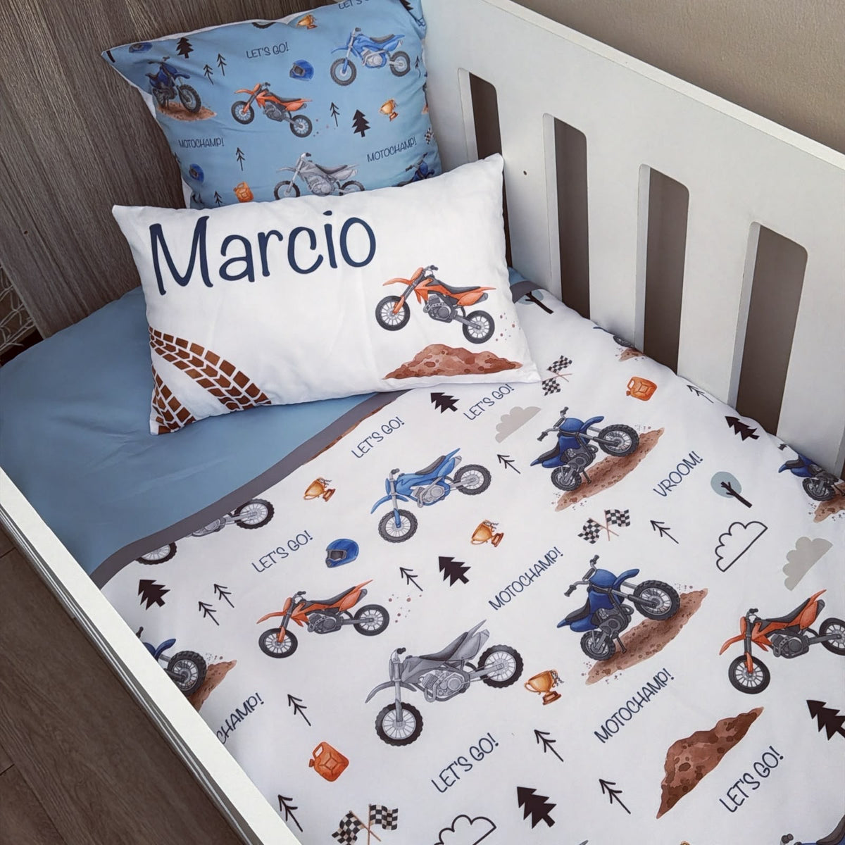 Cot Bedding - Blue Motorbike Set 01