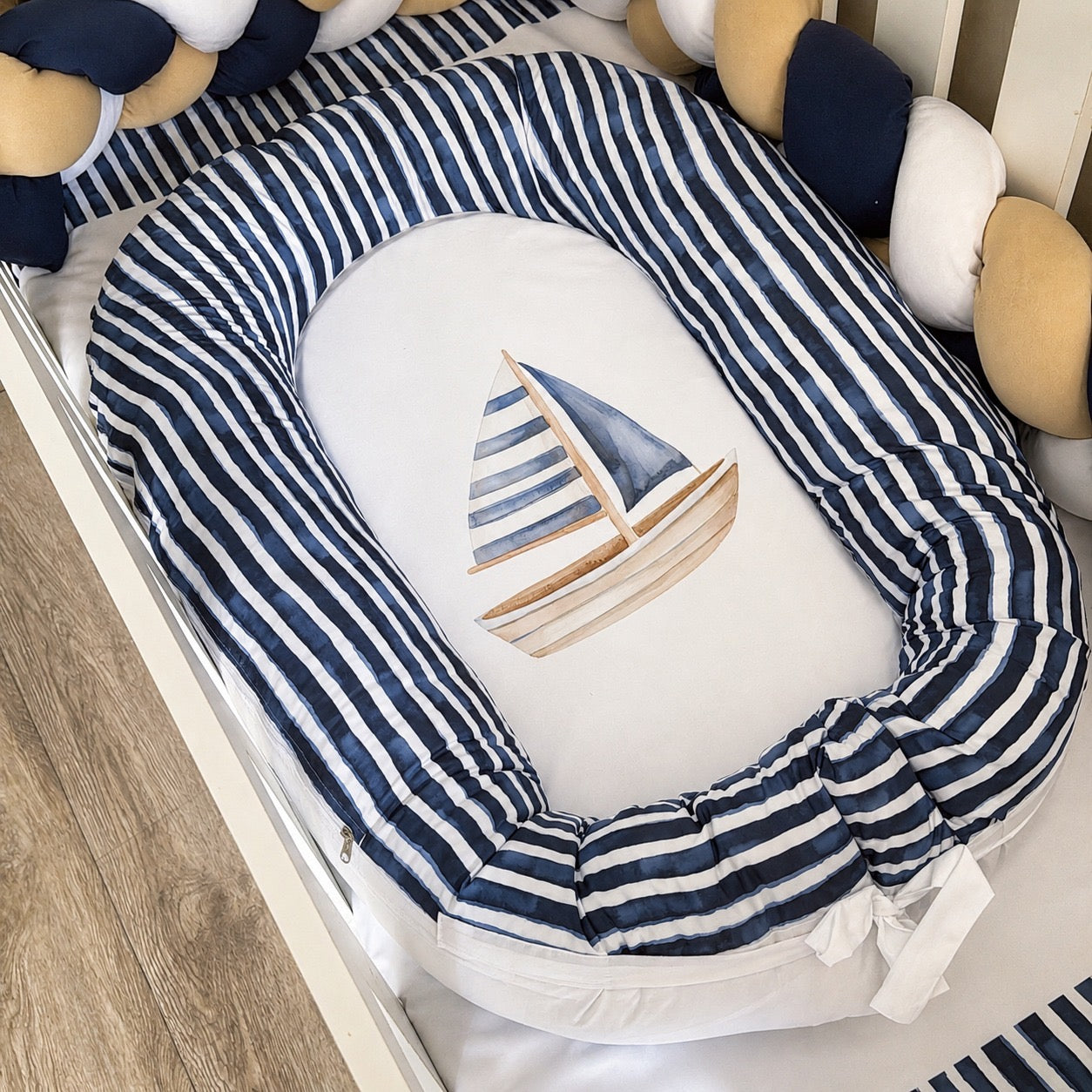 Cot Bedding - Navy Sailor Bear Set 01 Stripe nest