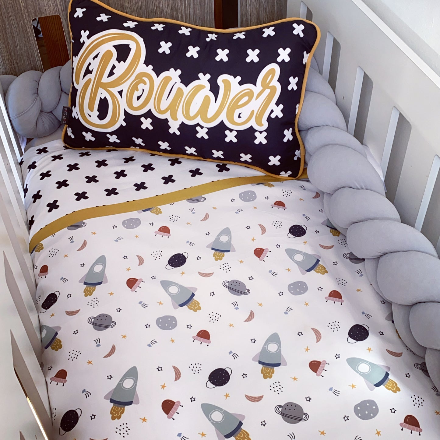 Cot Bedding - Black Mustard Space Set 01