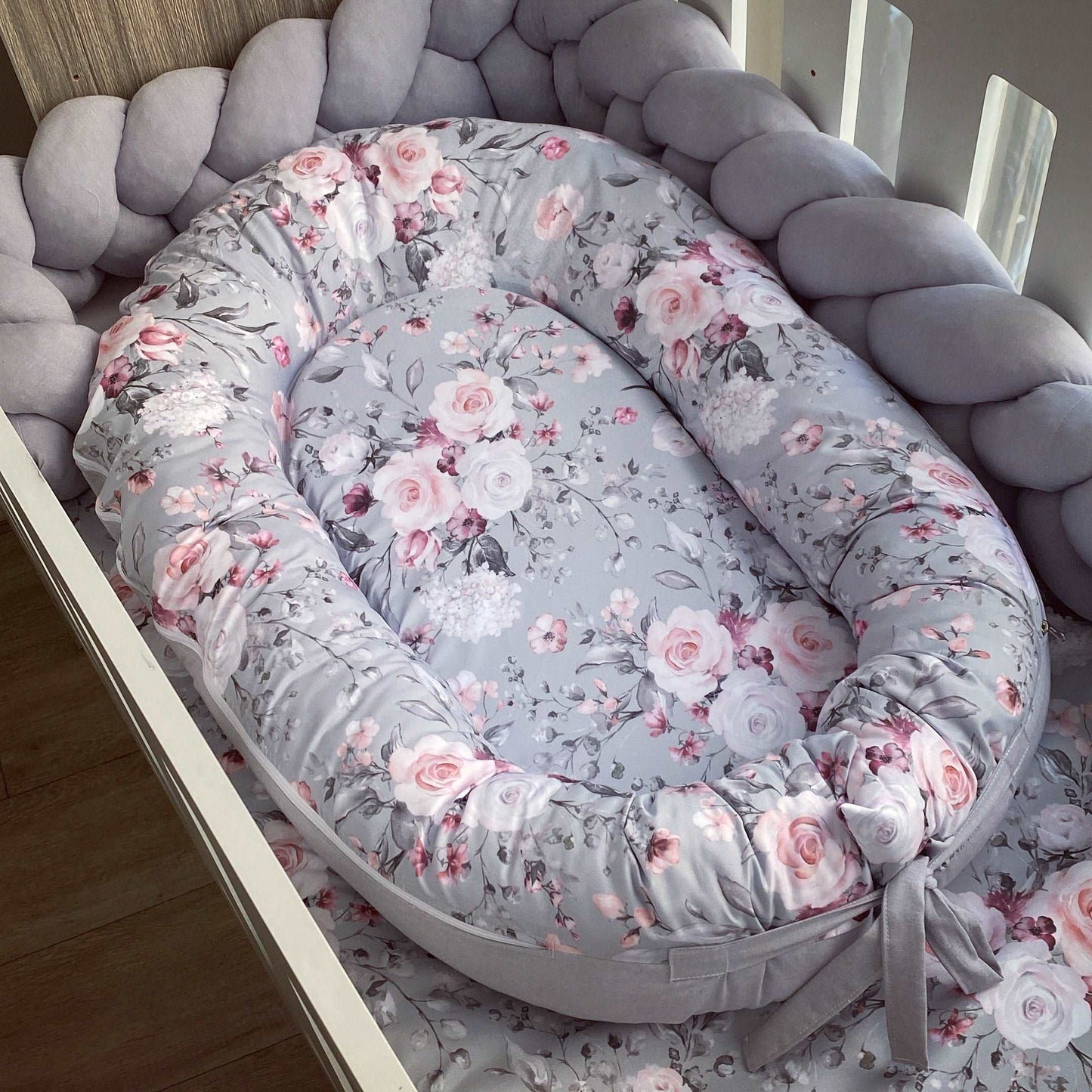 Cot Bedding - Grey Floral Set 01