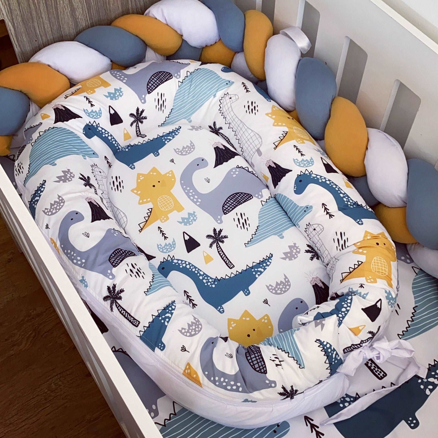 Cot Bedding - Blue Mustard Dinosaur Set