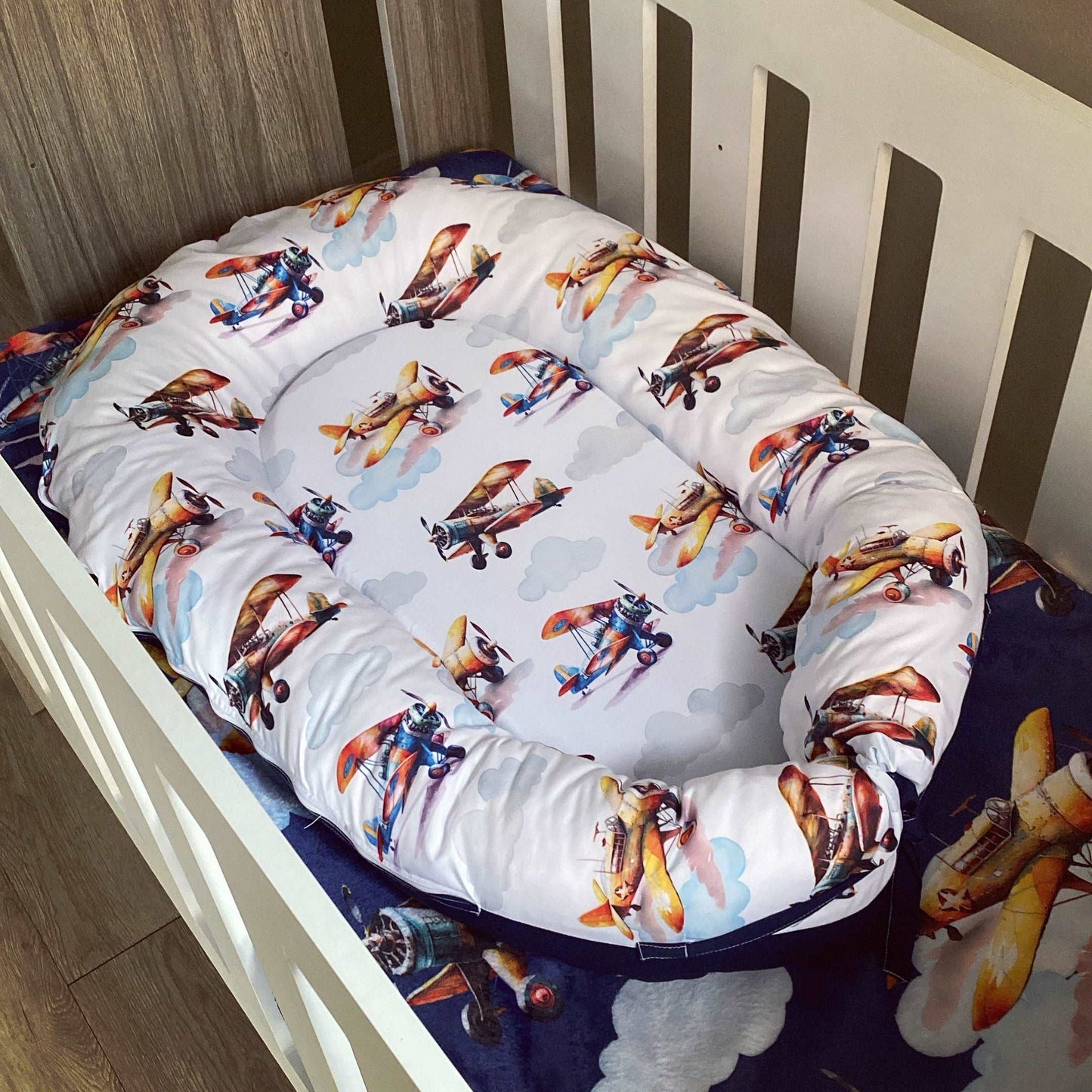 Cot Bedding - Navy Stone Plane Set