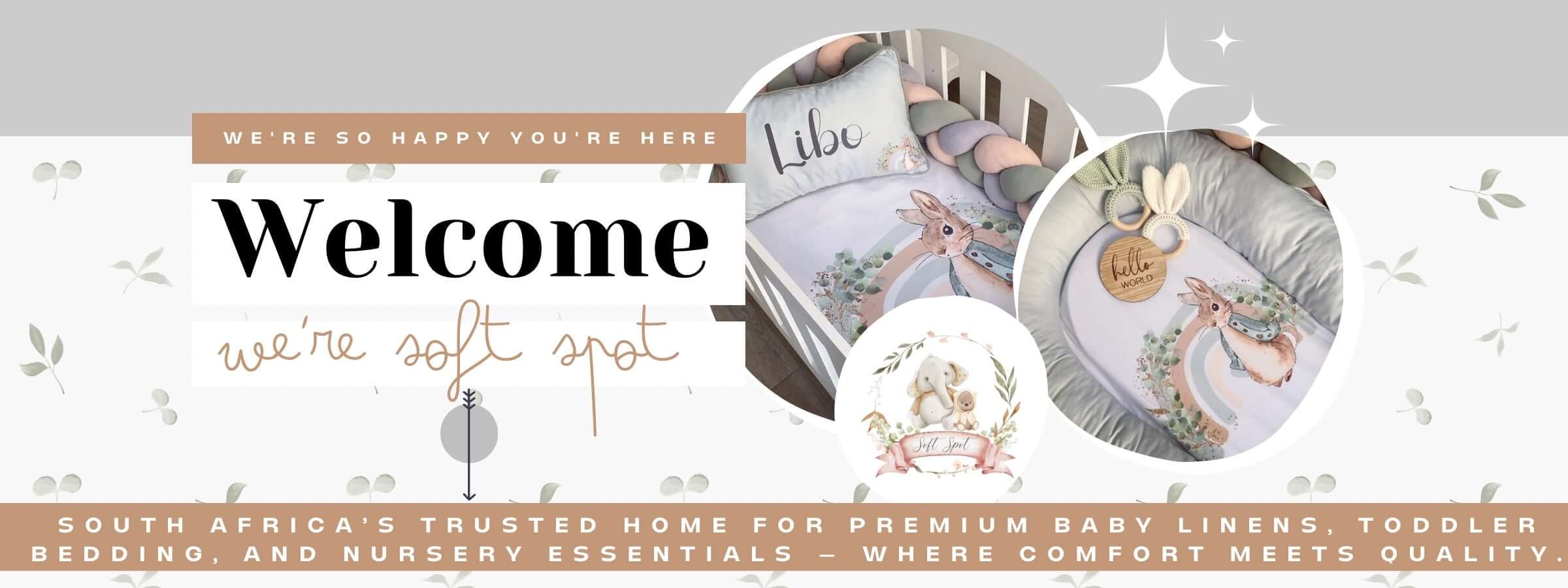Welcome message with baby-themed products on a light gray background