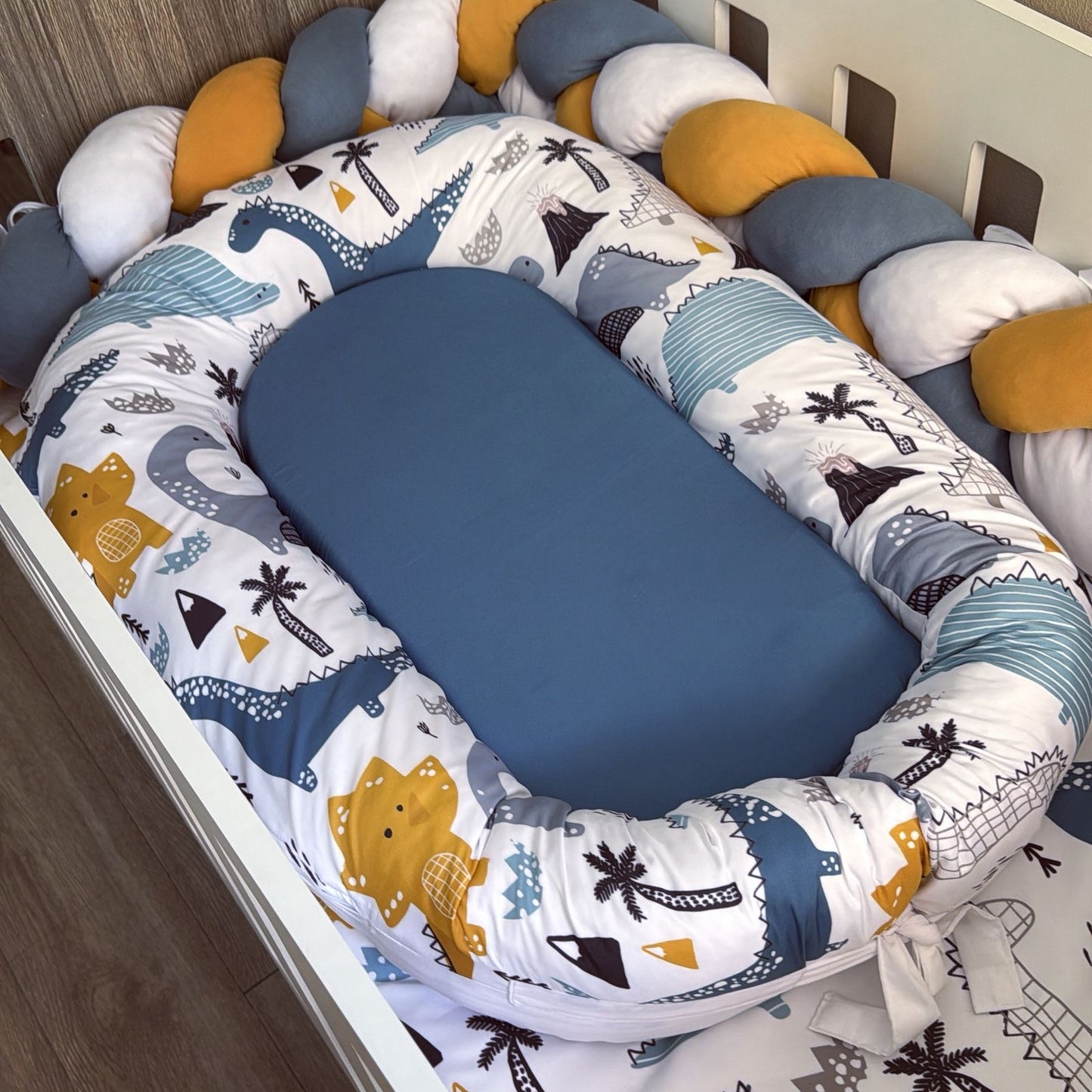 Cot Bedding - Blue Mustard Dinosaur Set 01