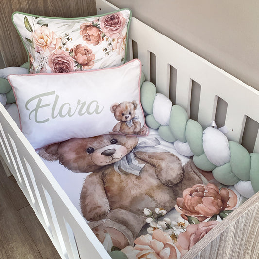 Cot Bedding - Sage Floral Bear Set 02