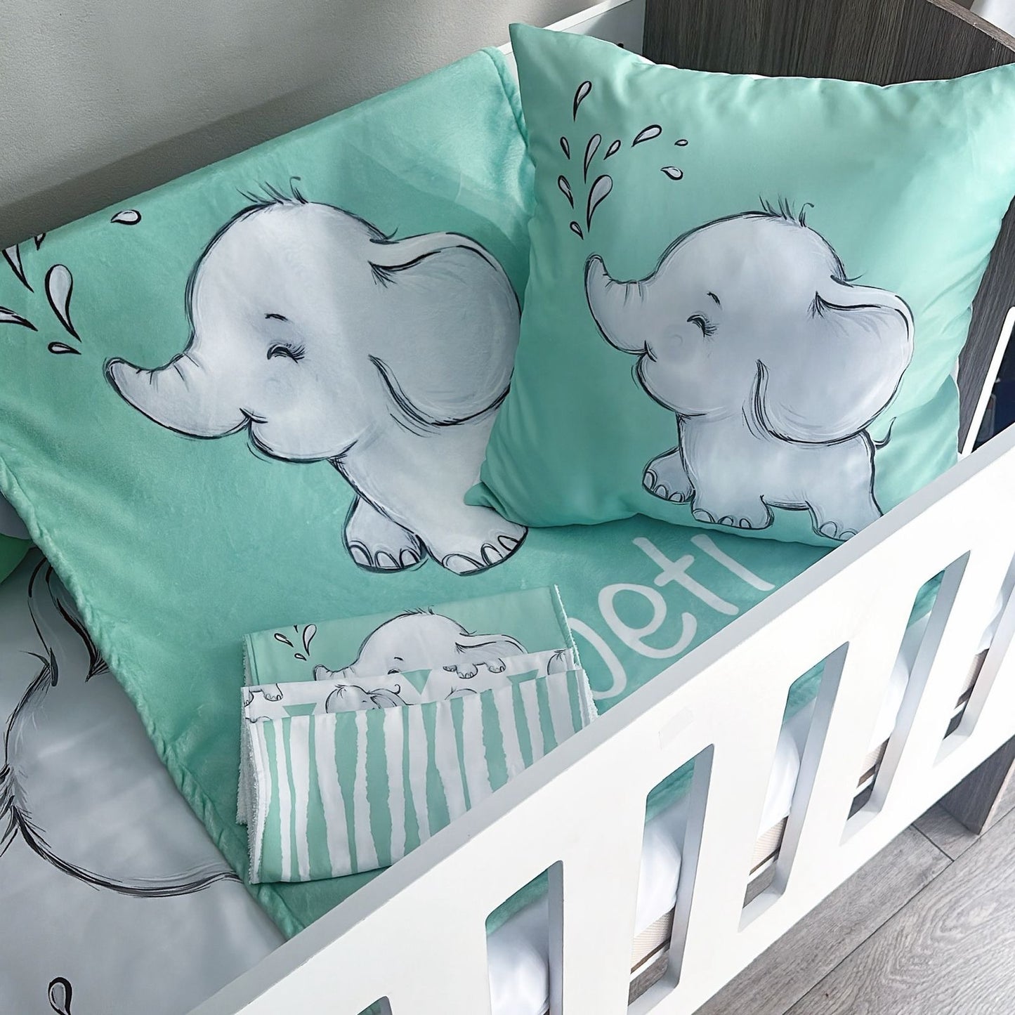 Cot Bedding - Grey Green Elephant Set 02