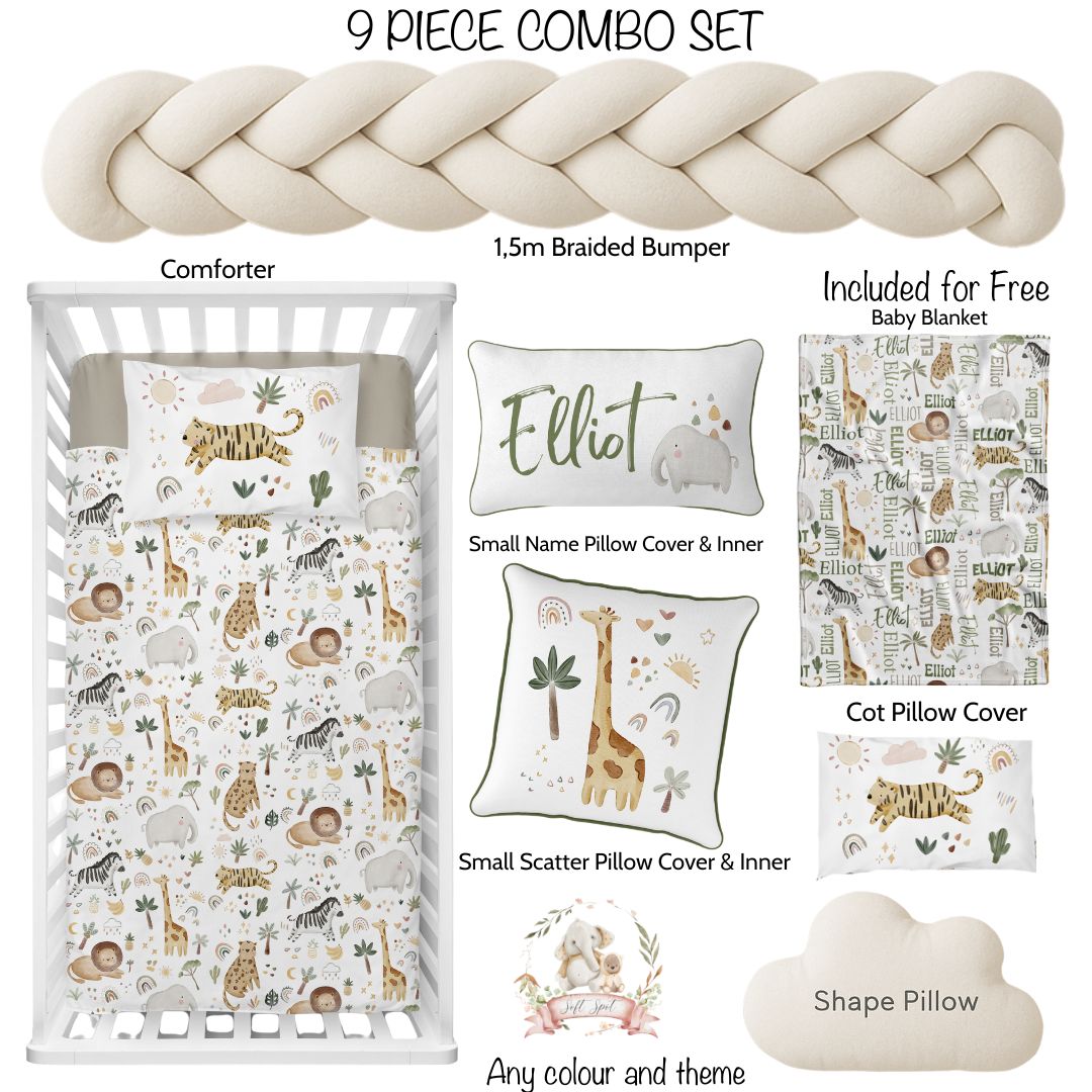 9-piece baby bedding set with comforter, braided bumper, and various pillows in a crib.