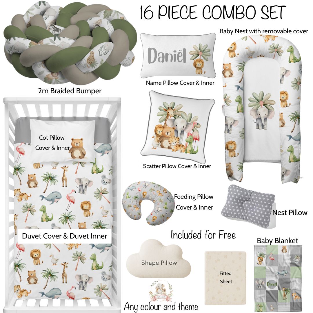 16-piece baby nursery combo set with various items including a braid bumper, name pillow cover, and more.