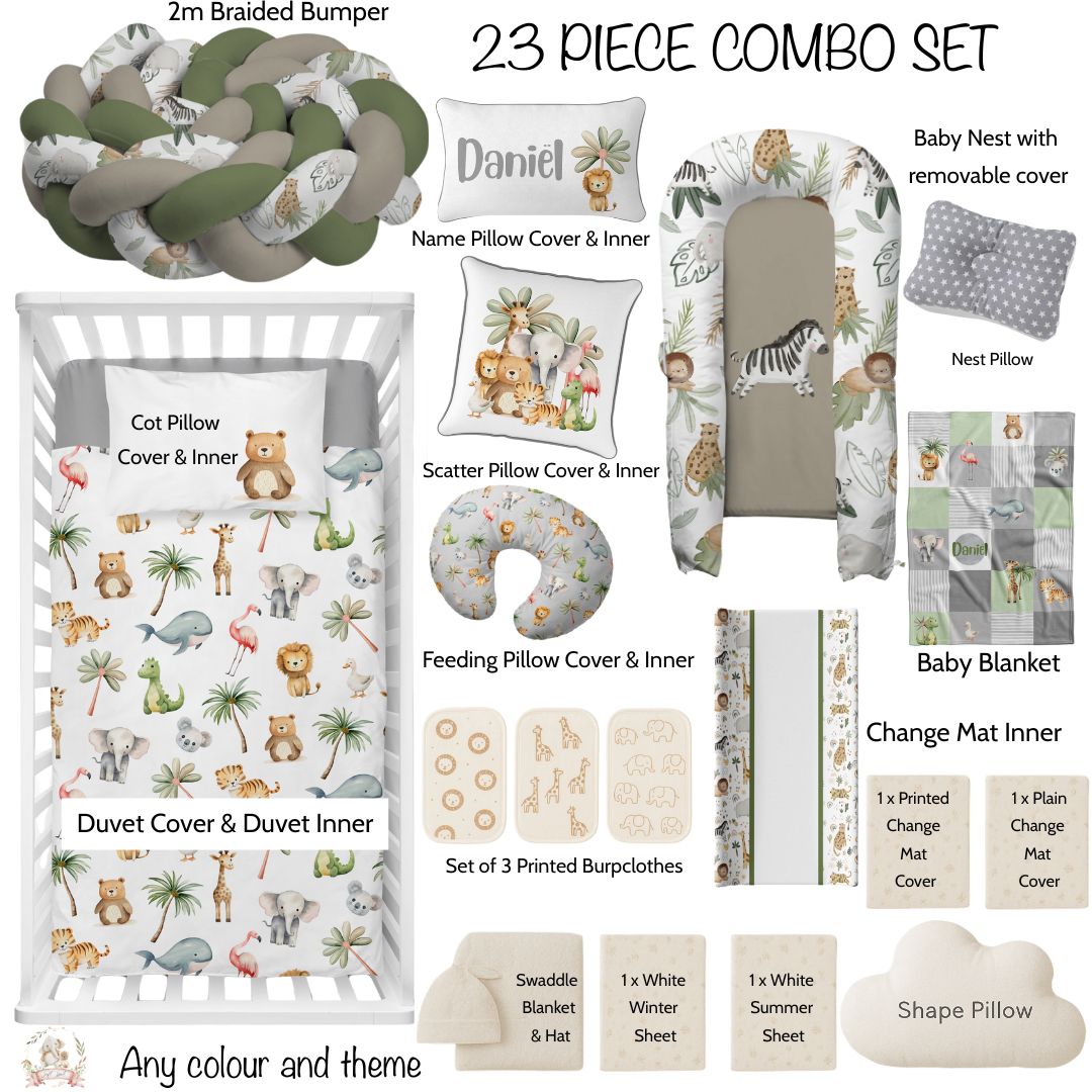 23-piece baby nursery combo set with various items including a braided bumper, name pillow cover, and more.