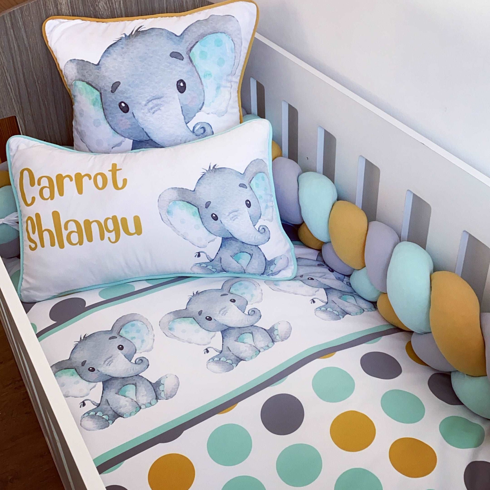 Cot Bedding - Mustard Mint Elephant Set