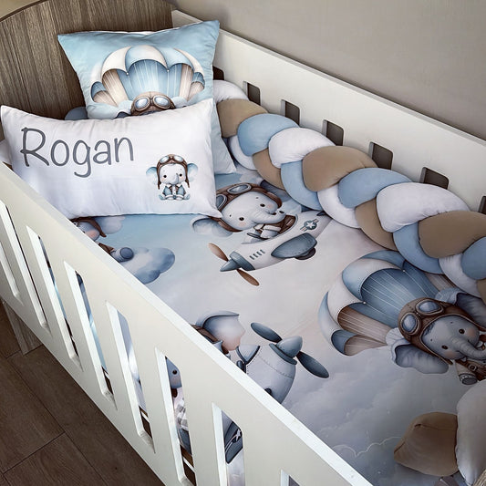 Cot Bedding - Blue Elephant Plane Set 01