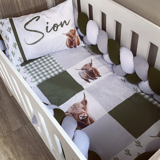 Cot Bedding - Olive Grey Highland Cow Set 01